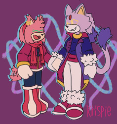 Size: 1248x1317 | Tagged: safe, artist:krispiebones, amy rose, blaze the cat, cat, hedgehog, 2022, amy x blaze, cute, eyes closed, female, females only, holding hands, lesbian, mouth open, one eye closed, shipping