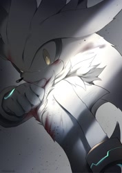 Size: 1414x2000 | Tagged: safe, artist:akamimirai, silver the hedgehog, hedgehog, 2024, blood, blood stain, greyscale, looking at viewer, solo, standing