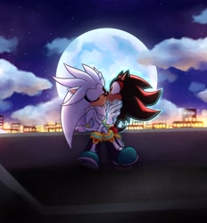 Size: 1899x2048 | Tagged: safe, artist:cjjp8, artist:jeffydust, shadow the hedgehog, silver the hedgehog, hedgehog, 2024, abstract background, clouds, duo, gay, kiss, moon, nighttime, outdoors, psychokinesis, shadow x silver, shipping, sitting