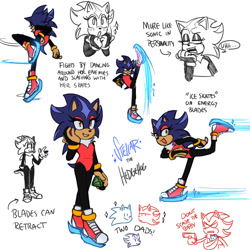 Size: 2000x2000 | Tagged: safe, artist:emthimofnight, shadow the hedgehog, sonic the hedgehog, oc, oc:stellar the hedgehog, hedgehog, ..., 2024, chaos emerald, character name, dialogue, english text, father and child, father and daughter, gun, magical gay spawn, parent:shadow, parent:sonic, parents:sonadow, simple background, skating, solo focus, trio, white background