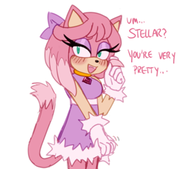 Size: 932x882 | Tagged: safe, artist:emthimofnight, oc, oc:camellia the cat, cat, blushing, dialogue, english text, flirting, lesbian, lidded eyes, magical lesbian spawn, oc x oc, offscreen character, parent:amy, parent:blaze, parents:blazamy, shipping, simple background, solo, white background