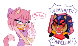 Size: 1164x687 | Tagged: safe, artist:emthimofnight, oc, oc:camellia the cat, oc:stellar the hedgehog, cat, hedgehog, blushing, dialogue, duo, english text, flustered, heart tongue, lesbian, magical gay spawn, magical lesbian spawn, oc x oc, parent:amy, parent:blaze, parent:shadow, parent:sonic, parents:blazamy, parents:sonadow, shipping, simple background, twirling hair, white background