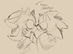 Size: 1400x1028 | Tagged: safe, artist:sharks3ye, shadow the hedgehog, sonic the hedgehog, hedgehog, 2024, blushing, cute, duo, exclamation mark, gay, holding them, kiss, shadow x sonic, shipping, shrunken pupils, sonabetes, surprise kiss, surprised, valentine's day