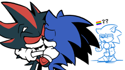 Size: 2048x1152 | Tagged: safe, artist:thattscherry, shadow the hedgehog, sonic the hedgehog, hedgehog, sonic x shadow generations, 2024, classic sonic, eyes closed, gay, holding each other, kiss, meme, self paradox, shadow x sonic, shipping, simple background, trio, white background, 🏳️‍🌈❓️