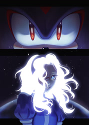 Size: 1286x1805 | Tagged: safe, artist:spacecolonie, maria robotnik, shadow the hedgehog, hedgehog, human, abstract background, blood, dreaming, duo, glowing hair, looking at each other, signature, smile, star (sky)