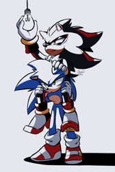 Size: 740x1100 | Tagged: safe, artist:ghostie-juice, shadow the hedgehog, sonic the hedgehog, hedgehog, duo, frown, gay, grey background, lidded eyes, lightbulb, pout, riding on back, shadow x sonic, shipping, signature, simple background, standing