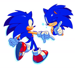 Size: 1675x1539 | Tagged: safe, artist:starrjoy, sonic the hedgehog, hedgehog, looking at viewer, looking offscreen, pointing, signature, simple background, smile, solo, star (symbol), top surgery scars, trans male, transgender, white background, wink