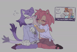 Size: 1960x1350 | Tagged: safe, artist:98chao, amy rose, blaze the cat, cheese (chao), cream the rabbit, cat, chao, hedgehog, rabbit, 2022, amy x blaze, blushing, cleaning, cute, eyes closed, female, females only, lesbian, shipping