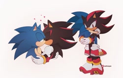 Size: 2048x1297 | Tagged: safe, artist:awhxque, shadow the hedgehog, sonic the hedgehog, 2024, carrying them, duo, gay, heart, holding each other, kiss, shadow x sonic, shipping, simple background, white background
