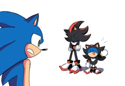 Size: 1255x863 | Tagged: safe, artist:cherry_linss, shadow the hedgehog, sonic the hedgehog, sonic superstars, 2024, classic sonic, cosplay, kigurumi, self paradox, simple background, standing, trio, white background