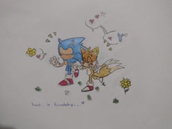 Size: 2048x1536 | Tagged: safe, artist:giaoux, miles "tails" prower, sonic the hedgehog, 2024, blushing, classic sonic, classic tails, cute, duo, english text, eyes closed, flower, gay, happy, heart, holding hands, shipping, smile, sonabetes, sonic x tails, tailabetes, traditional media, walking