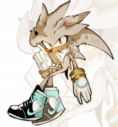 Size: 1911x2048 | Tagged: safe, artist:k4i__xx, silver the hedgehog, 2024, alternate shoes, echo background, looking at viewer, nike, smile, solo