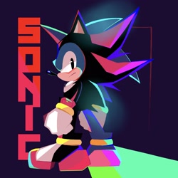 Size: 2048x2048 | Tagged: safe, artist:kuroiyuki96, sonic the hedgehog, 2024, abstract background, character name, classic sonic, frown, kigurumi, looking back at viewer, solo, standing
