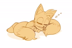 Size: 2048x1365 | Tagged: safe, artist:thatbirdguy_, miles "tails" prower, 2024, eyes closed, monochrome, simple background, sleeping, solo, white background, zzz