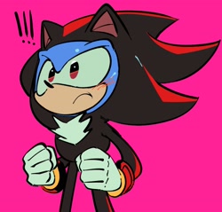 Size: 2048x1958 | Tagged: safe, artist:ephobictu, sonic the hedgehog, sonic superstars, 2024, classic sonic, exclamation mark, frown, kigurumi, pink background, simple background, solo, standing