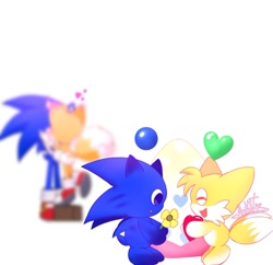 Size: 1280x1237 | Tagged: safe, artist:nekitogame67025, miles "tails" prower, sonic the hedgehog, chao, 2024, chao egg, character chao, cute, duo focus, flower, gay, group, heart, holding something, kiss, shipping, simple background, smile, sonic chao, sonic x tails, tails chao, white background