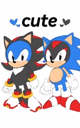 Size: 1280x2048 | Tagged: safe, artist:sakura_2739, shadow the hedgehog, sonic the hedgehog, 2024, classic shadow, classic sonic, cosplay, cute, duo, english text, frown, heart, kigurumi, looking at viewer, signature, simple background, standing, white background