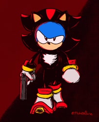 Size: 1300x1600 | Tagged: safe, artist:mckiem0use, sonic the hedgehog, sonic superstars, 2024, abstract background, classic sonic, cosplay, gun, holding something, kigurumi, looking at viewer, posing, redraw, shadow the hedgehog (video game), signature, solo
