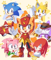 Size: 1066x1254 | Tagged: safe, artist:plus2sf, amy rose, knuckles the echidna, miles "tails" prower, nack the weasel, robotnik, sonic the hedgehog, trip the sungazer, sonic superstars, 2024, abstract background, classic amy, classic knuckles, classic robotnik, classic sonic, classic tails, cute, group, outline, smile, star (symbol)