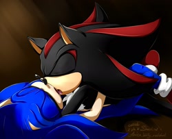 Size: 1868x1517 | Tagged: safe, artist:anita_wolfy_ratchet, artist:ezhik_shadow, shadow the hedgehog, sonic the hedgehog, 2024, duo, eyes closed, gay, lying down, lying on them, making out, mouth open, shadow x sonic, shipping, signature
