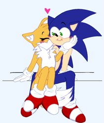 Size: 597x709 | Tagged: safe, artist:elliot7779, miles "tails" prower, sonic the hedgehog, 2024, blushing, gay, heart, kiss on cheek, shipping, simple background, sitting, smile, sonic x tails