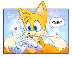 Size: 2048x1659 | Tagged: safe, artist:bluslashed, miles "tails" prower, 2024, abstract background, candy, dialogue, heart, looking at something, signature, smile, solo, speech bubble, tongue out
