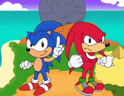Size: 2048x1583 | Tagged: safe, artist:slysonic, knuckles the echidna, sonic the hedgehog, adventures of sonic the hedgehog, 2024, abstract background, angel island, death egg, duo, frown, greg martin style, smile, sonic and knuckles (1994), style emulation