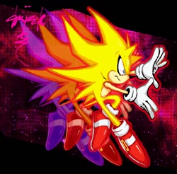 Size: 1208x1190 | Tagged: safe, artist:drizzle_x3, sonic the hedgehog, super sonic, 2024, abstract background, frown, looking offscreen, redraw, side view, solo, super form
