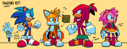 Size: 2048x806 | Tagged: safe, artist:starrjoy, amy rose, knuckles the echidna, miles "tails" prower, sonic the hedgehog, 2024, alternate universe, au:pandora, backpack, english text, group, simple background, smile, standing, top surgery scars, trans male, transgender, yellow background