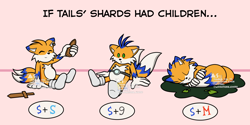 Size: 2048x1024 | Tagged: safe, artist:moontigerange1, oc, fox, sonic prime, baby, english text, eyes closed, fankid, holding something, magical gay spawn, parent:mangey, parent:nine, parent:sails, parent:sonic, parent:tails, parents:sonails, parents:songey, parents:sonine, parents:sontails, simple background, sitting, sleeping, smile, trio