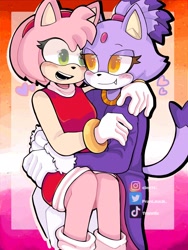 Size: 1536x2048 | Tagged: safe, artist:franlinxjk_, amy rose, blaze the cat, cat, hedgehog, 2024, amy x blaze, amy's halterneck dress, blaze's tailcoat, cute, female, females only, hearts, holding them, lesbian, looking at each other, mouth open, shipping, sitting on them