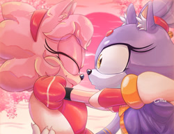 Size: 2048x1582 | Tagged: safe, artist:corffee, amy rose, blaze the cat, cat, hedgehog, 2023, amy x blaze, cute, eyes closed, female, females only, holding them, lesbian, looking at them, shipping