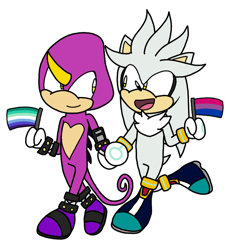 Size: 720x773 | Tagged: safe, artist:saline-coelacanth, espio the chameleon, silver the hedgehog, bisexual, bisexual pride, cute, duo, flag, flat colors, gay, holding something, looking at each other, mlm pride, pride, pride flag, shipping, silvio, simple background, smile, walking, white background