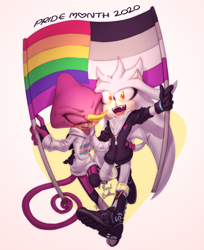 Size: 1864x2284 | Tagged: safe, artist:royalbootlace, espio the chameleon, silver the hedgehog, 2020, abstract background, ace, asexual pride, bisexual, bisexual pride, boots, clothes, cute, duo, english text, eyes closed, fingerless gloves, gay, gay pride, holding something, hoodie, jacket, looking at viewer, mouth open, pride, pride flag, shipping, signature, silvio, smile, stockings, sweatdrop, trans male, trans pride, transgender