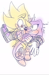 Size: 1332x2048 | Tagged: safe, artist:montydrswsstuff, espio the chameleon, sonic the hedgehog, super sonic, blushing, carrying them, dialogue, duo, flustered, gay, looking at each other, mouth open, shipping, simple background, smile, sonespio, super form, white background, wink