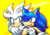 Size: 900x622 | Tagged: safe, artist:homeboy25, silver the hedgehog, sonic the hedgehog, arm around shoulders, blushing, character name, duo, english text, gay, holding each other, shipping, simple background, smile, sonilver, wink, yellow background