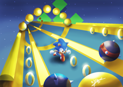 Size: 1240x874 | Tagged: safe, artist:2raymanm64, sonic the hedgehog, sonic the hedgehog 2, 2020, abstract background, classic sonic, ring, signature, special stage, spikeball