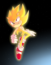 Size: 1100x1400 | Tagged: safe, artist:nannelflannel, sonic the hedgehog, super sonic, 2019, abstract background, clenched fist, flying, glowing, looking offscreen, outer space, redraw, smile, space, star (sky), super form