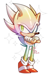 Size: 768x1152 | Tagged: safe, artist:ghost-of-hooxie, sonic the hedgehog, 2020, arms folded, classic sonic, frown, hyper form, hyper sonic, looking at viewer, signature, simple background, sparkles, standing, transparent background
