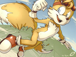 Size: 1024x768 | Tagged: safe, artist:ghost-of-hooxie, miles "tails" prower, 2019, clenched fist, daytime, goggles, goggles on head, mouth open, outdoors, signature, smile, solo