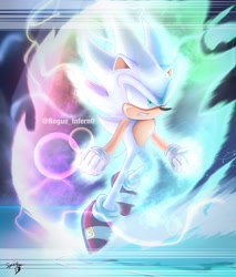 Size: 1571x1844 | Tagged: safe, artist:rogueinfern0, sonic the hedgehog, 2022, abstract background, clenched fists, clenched teeth, hyper form, hyper sonic, looking ahead, looking offscreen, signature, solo, water