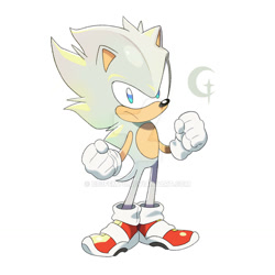 Size: 1280x1280 | Tagged: safe, artist:bb3femto, sonic the hedgehog, 2023, classic sonic, clenched fists, deviantart watermark, frown, hyper form, hyper sonic, looking at viewer, obtrusive watermark, simple background, solo, standing, watermark, white background