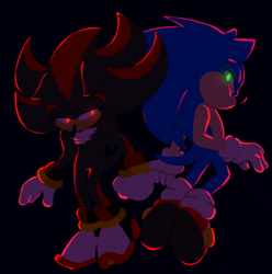 Size: 1000x1007 | Tagged: safe, artist:tobytots, shadow the hedgehog, sonic the hedgehog, 2018, black background, dark, duo, glowing eyes, simple background