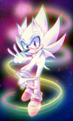Size: 2422x4013 | Tagged: safe, artist:violetstardoesart, sonic the hedgehog, 2021, abstract background, double v sign, hyper form, hyper sonic, looking at viewer, signature, smile, solo, star (symbol), v sign