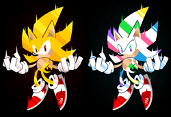 Size: 2182x1500 | Tagged: safe, artist:fishflop_, sonic the hedgehog, super sonic, 2023, black background, duality, flying, hyper form, hyper sonic, looking at viewer, signature, simple background, solo, super form