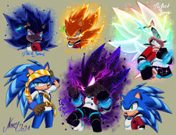 Size: 2600x2000 | Tagged: safe, artist:nowykowski, sonic the hedgehog, super sonic, 2021, alternate universe, beige background, character name, colored quills, dark form, dark sonic, english text, hyper form, hyper sonic, pirate outfit, signature, simple background, solo, super form, ultra dark form, ultra dark sonic