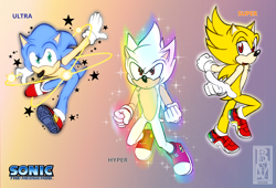 Size: 4875x3324 | Tagged: safe, artist:roseduelistbbshm, sonic the hedgehog, super sonic, 2018, english text, flying, glowing, gradient background, hyper form, hyper sonic, soap shoes, solo, sparkles, star (symbol), super form, ultra form, ultra sonic