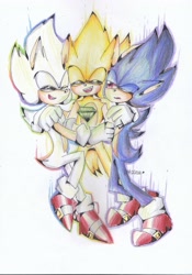 Size: 2448x3492 | Tagged: safe, artist:iba2004, sonic the hedgehog, super sonic, 2017, arm around shoulders, chaos emerald, cute, dark form, dark sonic, eyes closed, hyper form, hyper sonic, lidded eyes, mouth open, one eye closed, self paradox, signature, simple background, smile, sonabetes, super form, traditional media, trio, white background