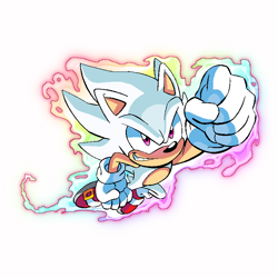 Size: 768x768 | Tagged: safe, sonic the hedgehog, clenched fist, edit, flying, hyper form, hyper sonic, looking ahead, official artwork, simple background, smile, solo, transparent background