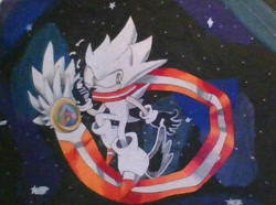 Size: 566x422 | Tagged: safe, artist:rikkiandplagg, sonic the hedgehog, au:sonic skyline, 2023, abstract background, flying, hyper form, hyper sonic, looking back, nighttime, scarf, solo, star (sky), traditional media